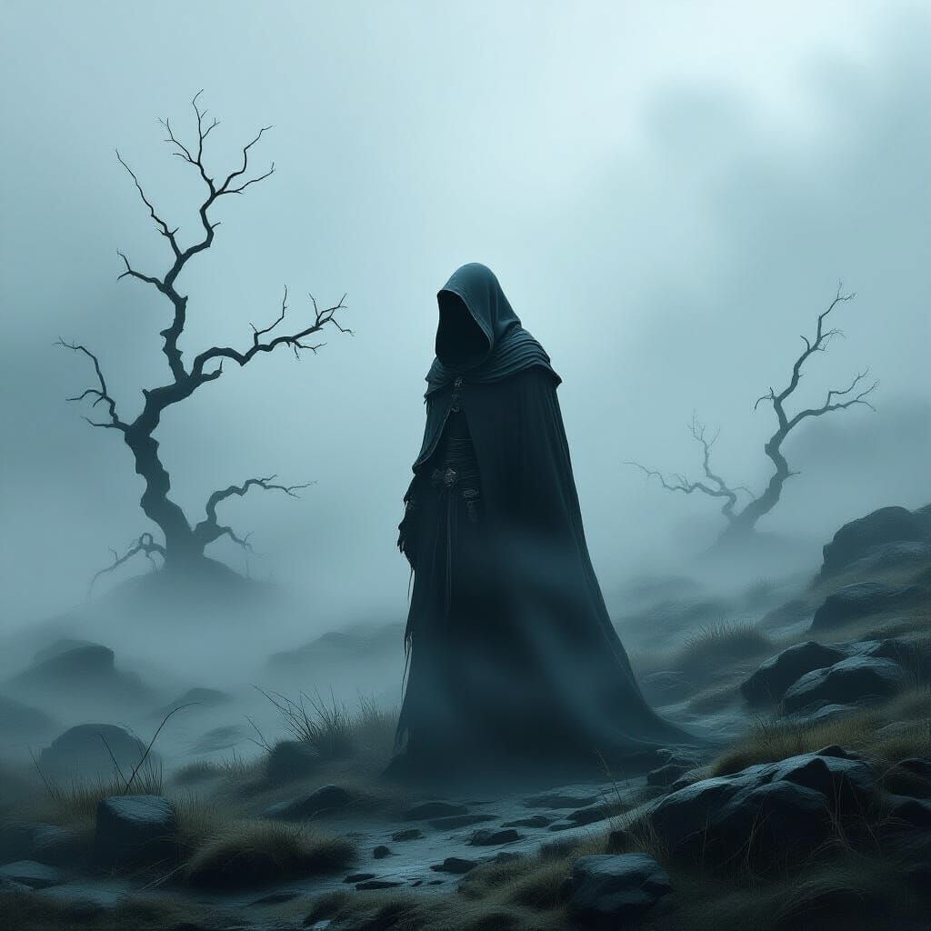Mysterious Figure on Windswept Moor in Dark Fantasy Style