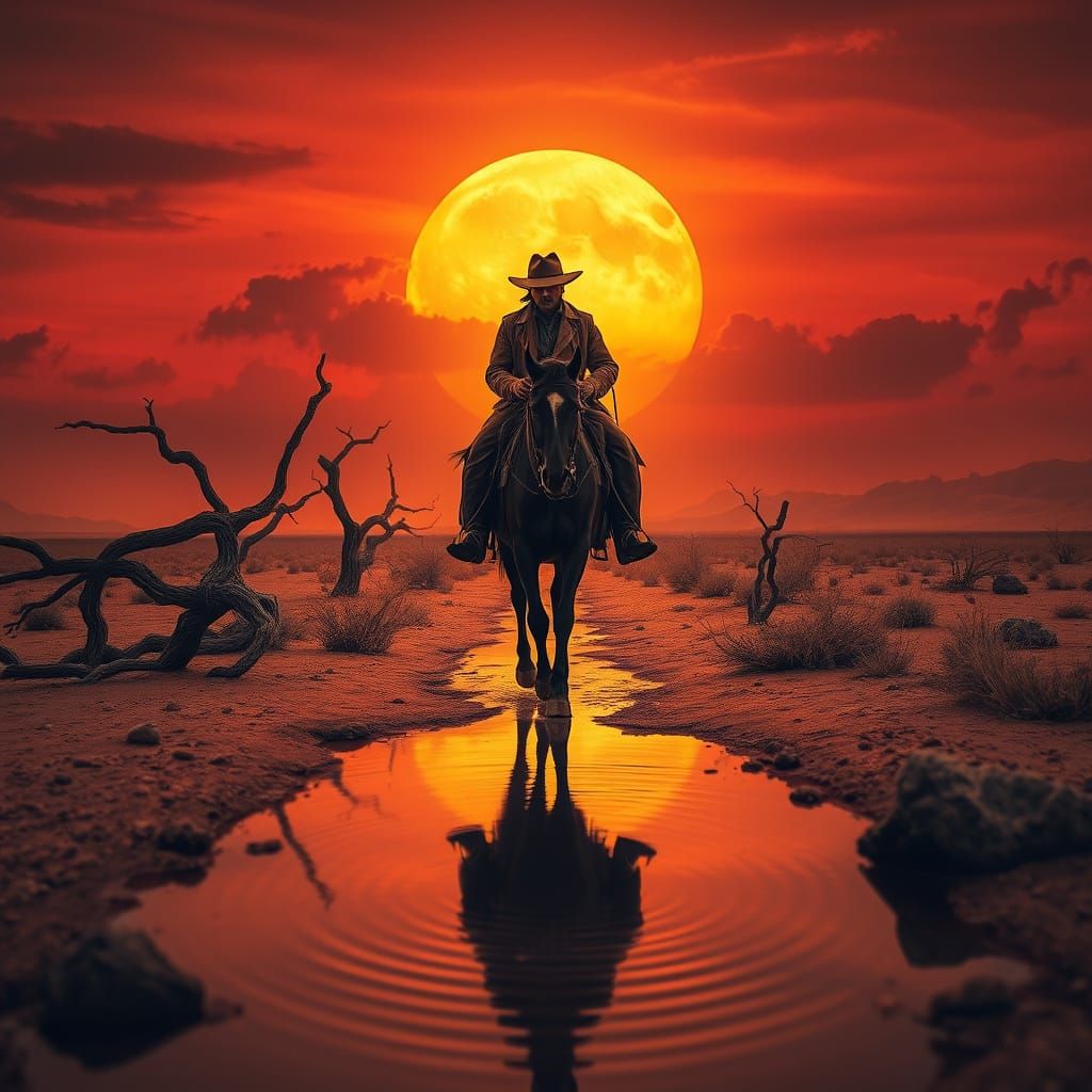 Cowboy Rides into the Blazing Sunset