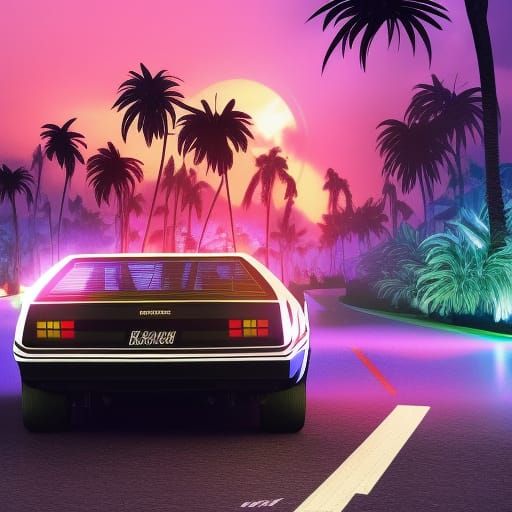DeLorean on Neon Highway at Sunset