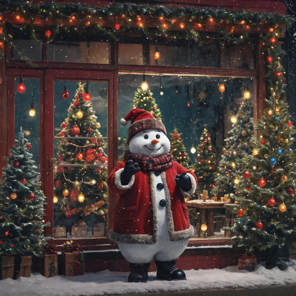 Snowman and Santa Chat in Front of Store