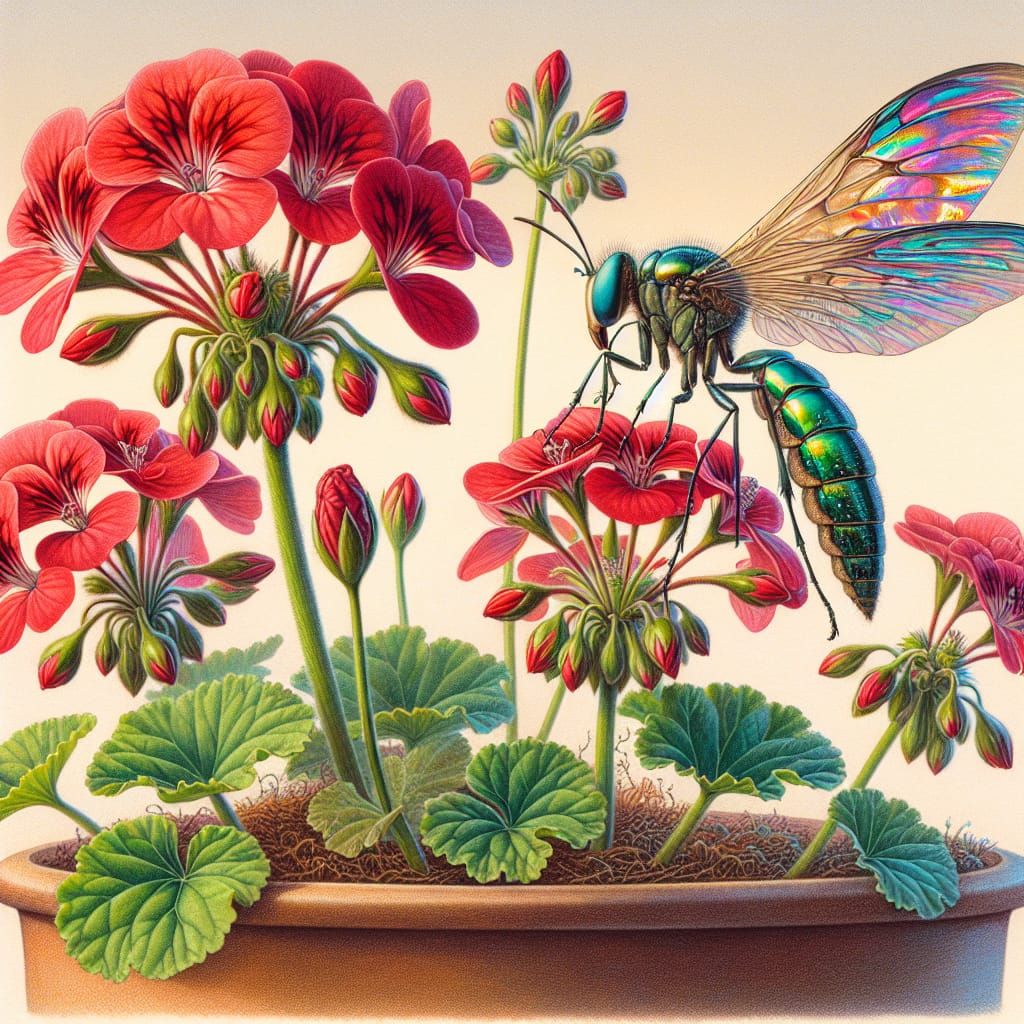 Heavenly Insect Interacting with Vibrant Geranium