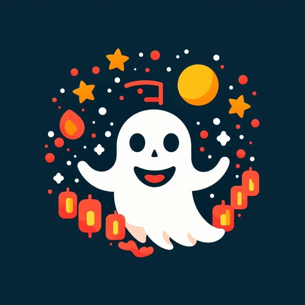 Smiling Ghost Tipping Hat with Lanterns and Stars