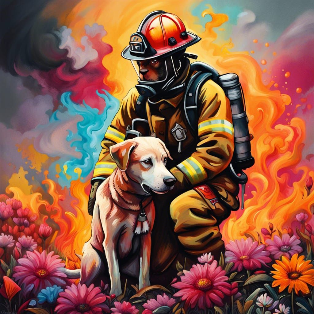 Firefighter Saves Dog: Graffiti Art in Burning Field