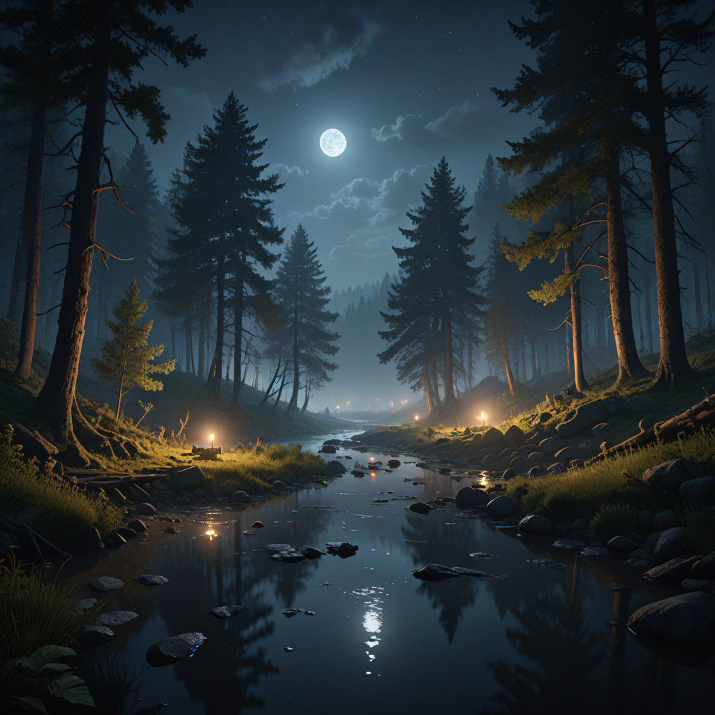 Ethereal Forest River Landscape in Nighttime Fantasy Scene