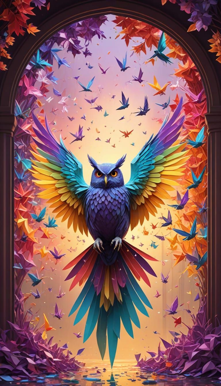Rainbow Origami Cranes and Sequined Owl, Stained-Glass Mural