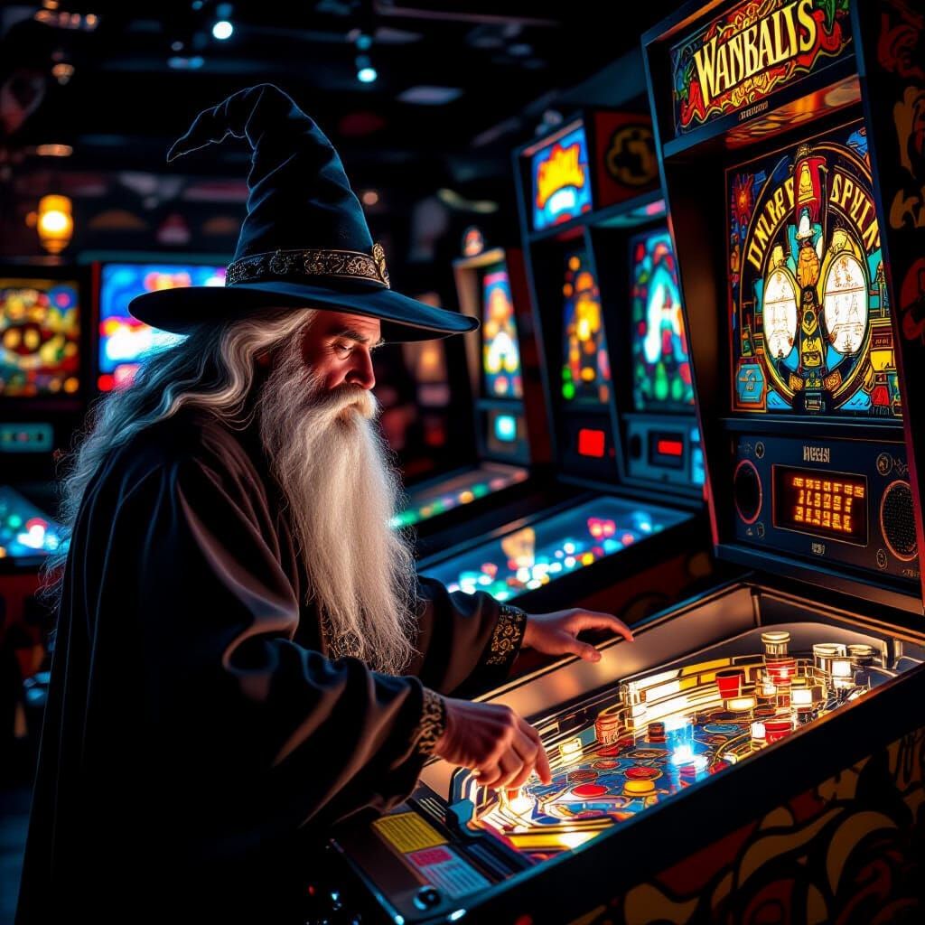Wizard Plays Pinball in Moody 1980s Arcade