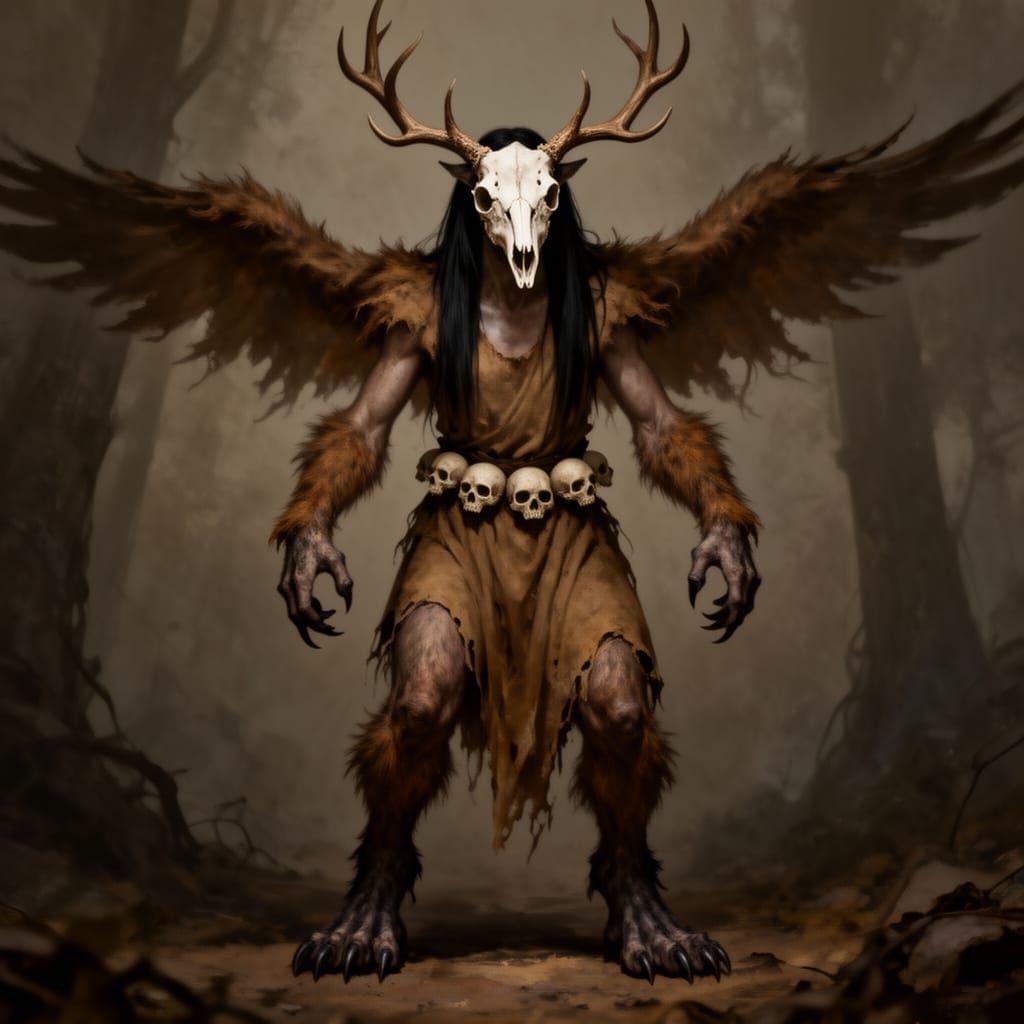 Towering Deer-Like Wendigo with Skeletal Skull and Antlers