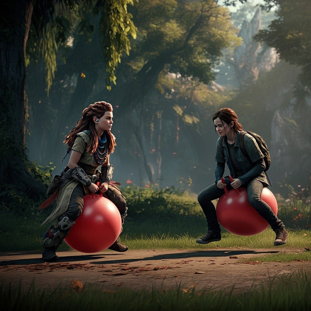 Aloy and Ellie Playfully Bouncing in Sunny Park