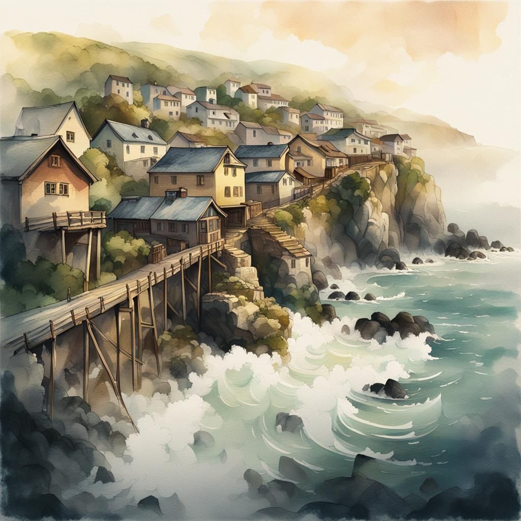 Coastal Village Perched on Cliffs in Watercolor Style