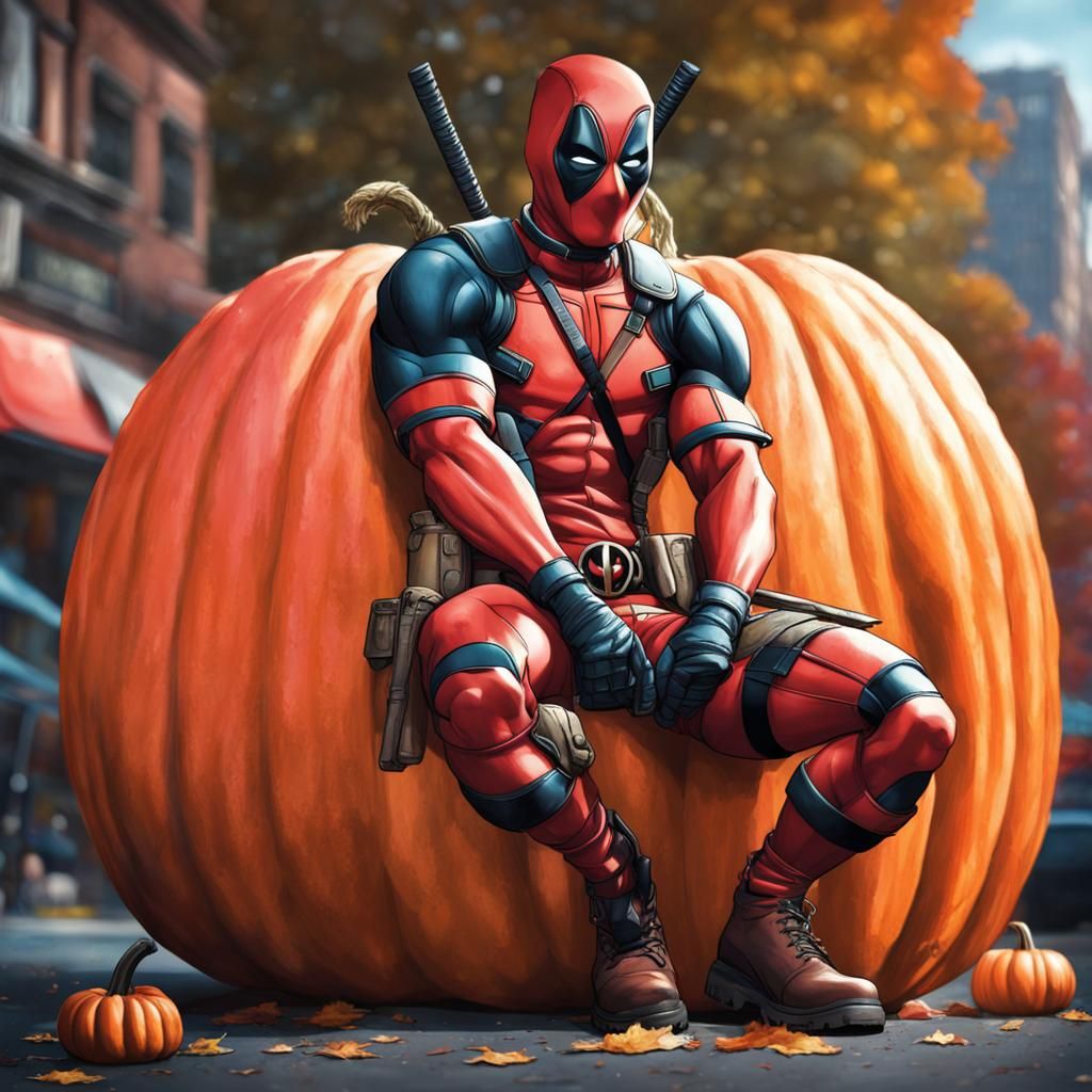 Marvel comic Deadpool sitting on top of a big pumpkin in the middle of the street Hyperrealistic, splash art, concept a...