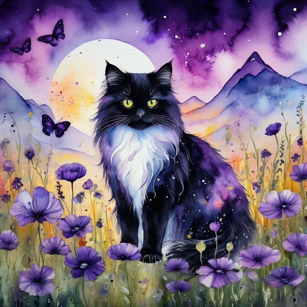 Luminescent Cat in Watercolor Meadow at Sunset