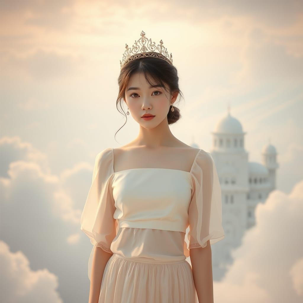 Ethereal Korean Teenager in Cloud Mansion with Rose-Gold Cro...