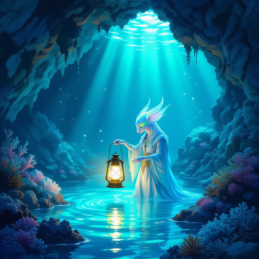 Tidekeeper Tends Glowing Lantern in Ethereal Coral Cavern