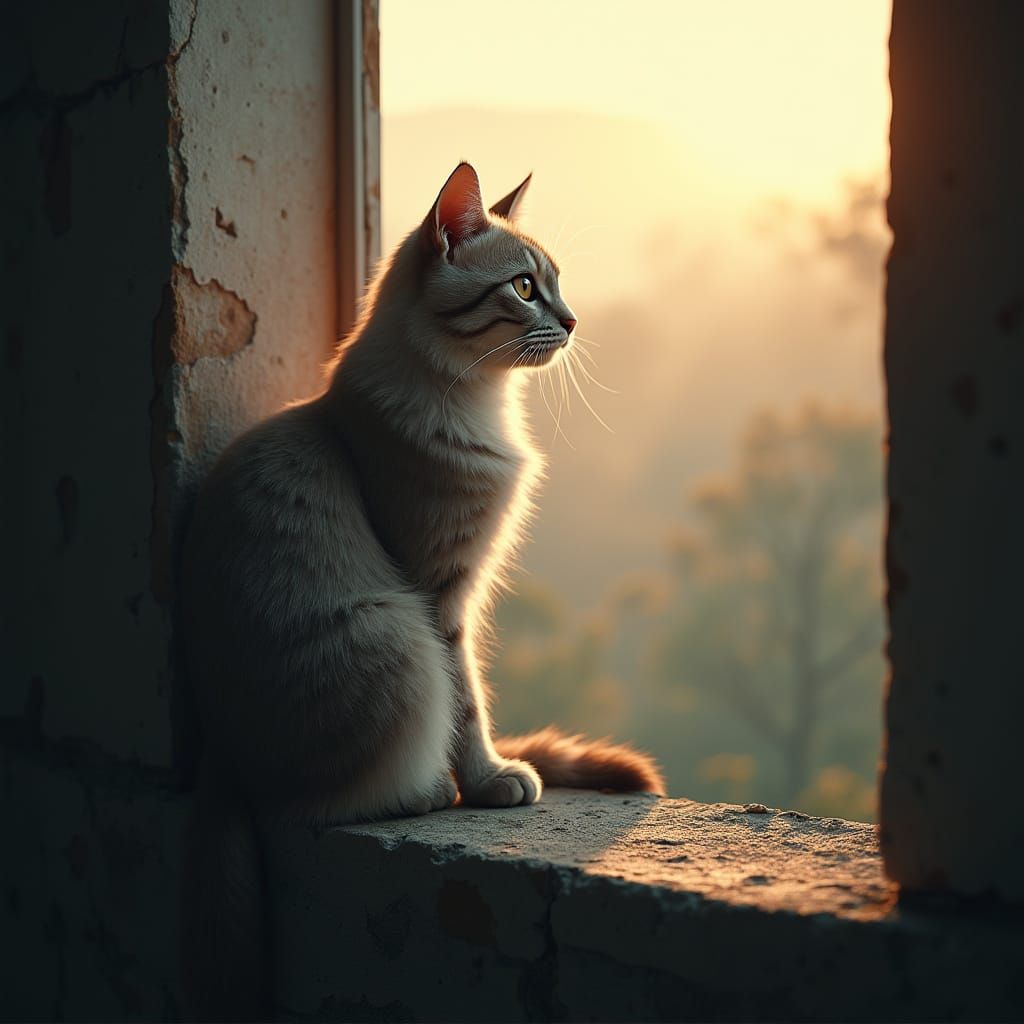 Serene Feline in Misty Morning Landscape, High-Contrast Phot...