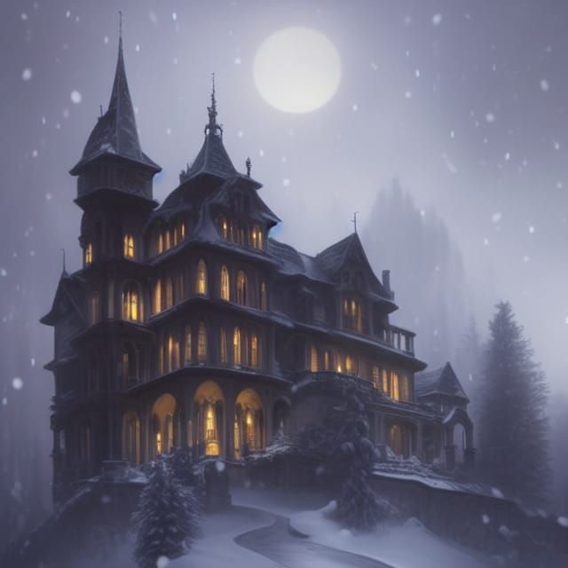 Snowy Gothic Manor Estate, Digital Matte Painting