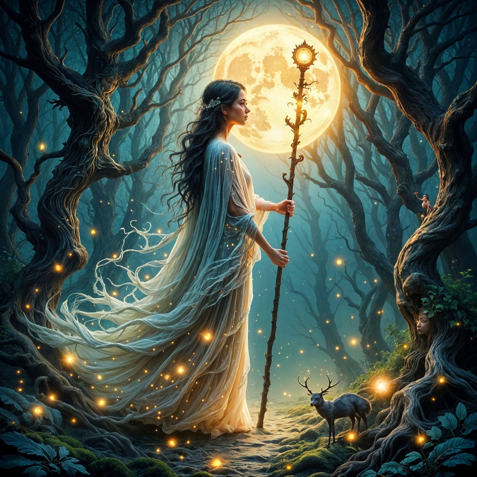 Mystical Sorceress in Enchanted Forest, Fantasy Art