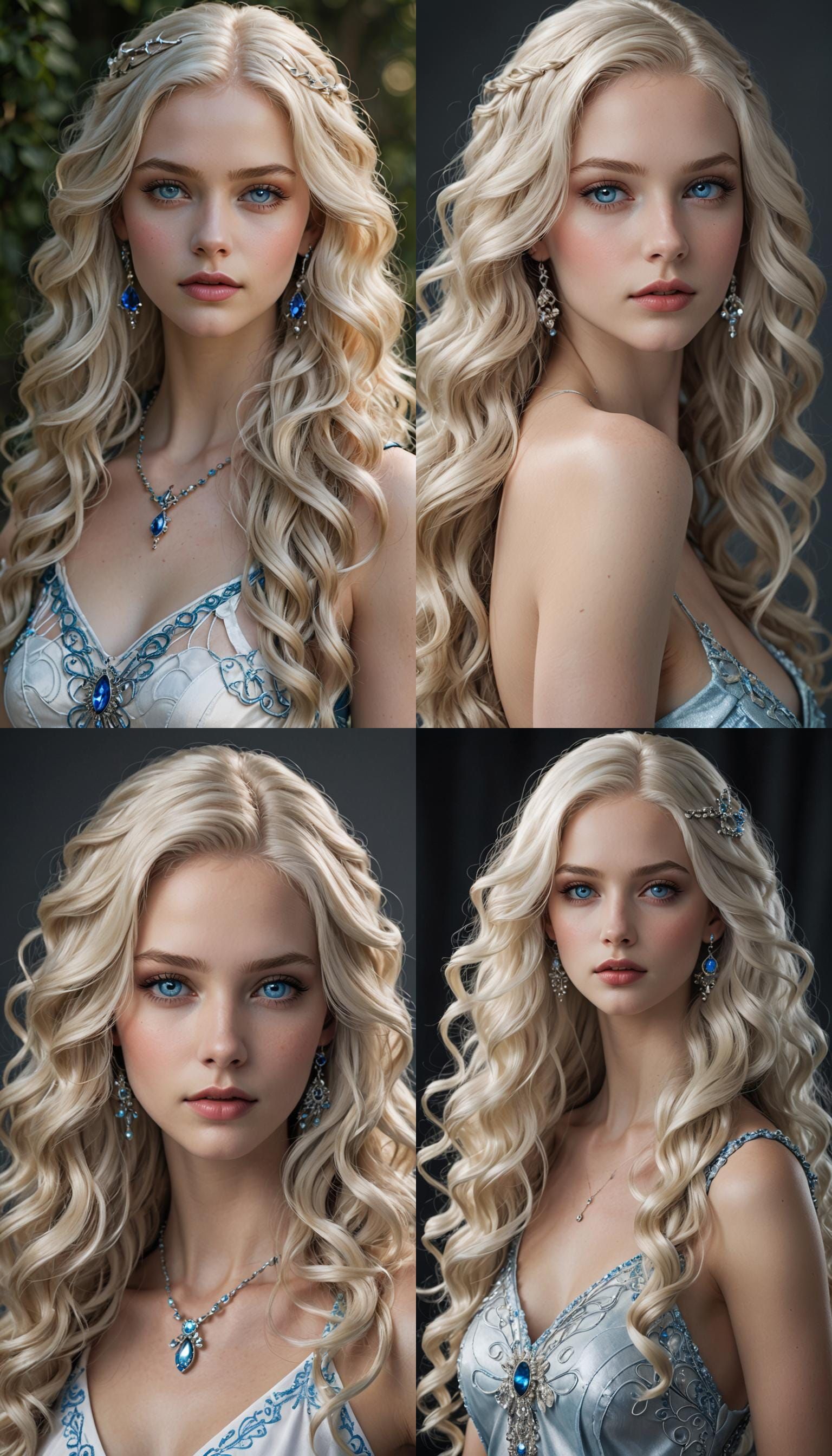 Elegant Woman with Platinum Hair and Sapphire Jewelry