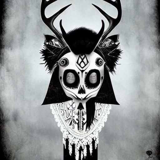 Gothic Shaman with Deer Skull Mask in Black and White