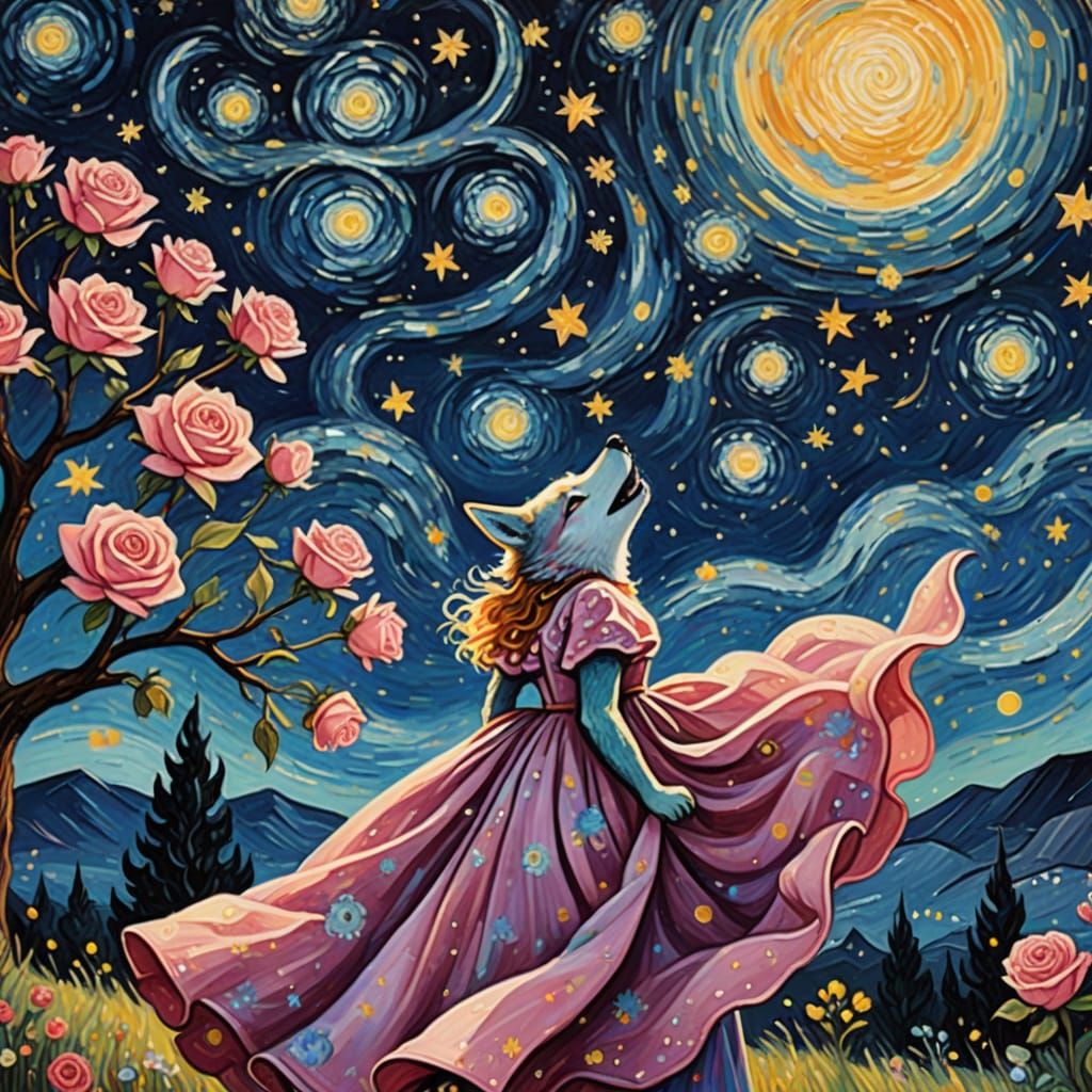 Pink Wolf Dancing Under Starry Night Sky