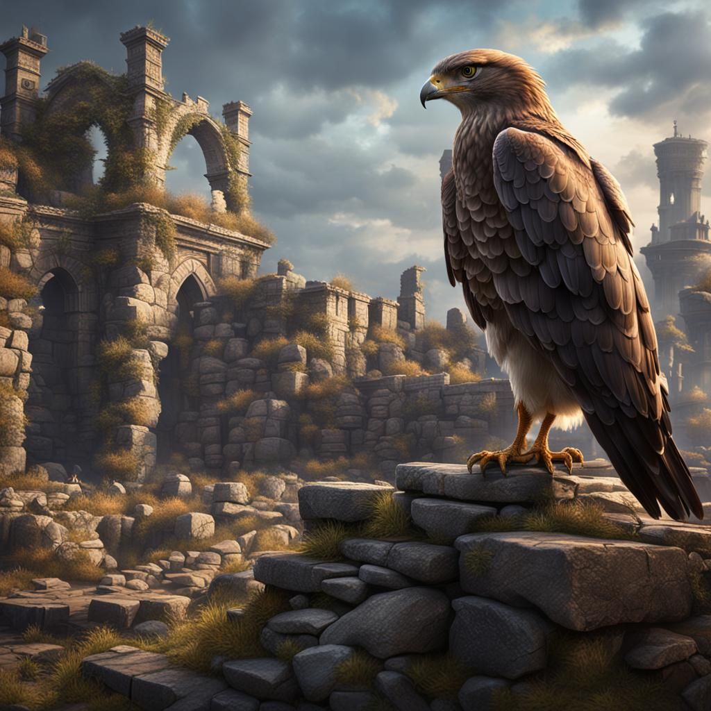 Hawk Feasting in Ruined City: Fantasy Concept Art