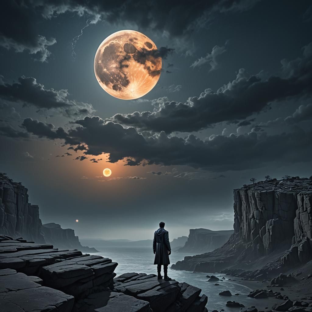 Sorrowful Moon Over Desolate Cliff in Surreal Style