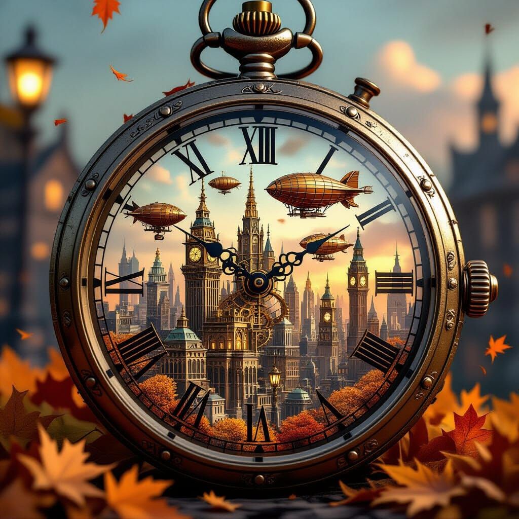 Steampunk Pocket Watch City with Dirigibles