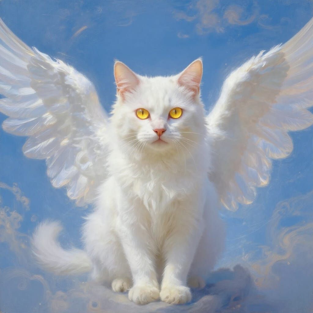 Angelic Cat with Glowing Yellow Eyes in Heavenly Light