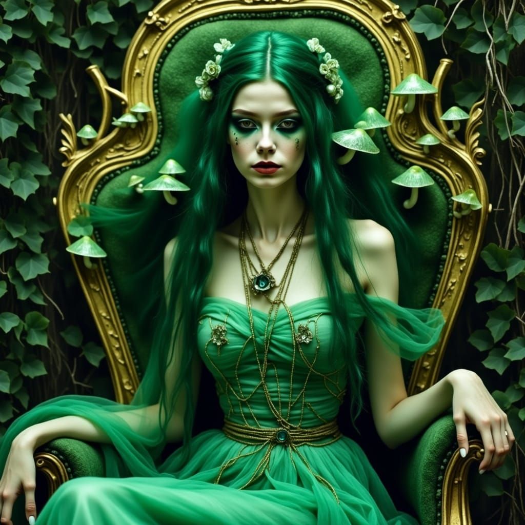 Enchanted Forest Princess with Emerald Hair and Bioluminesce...