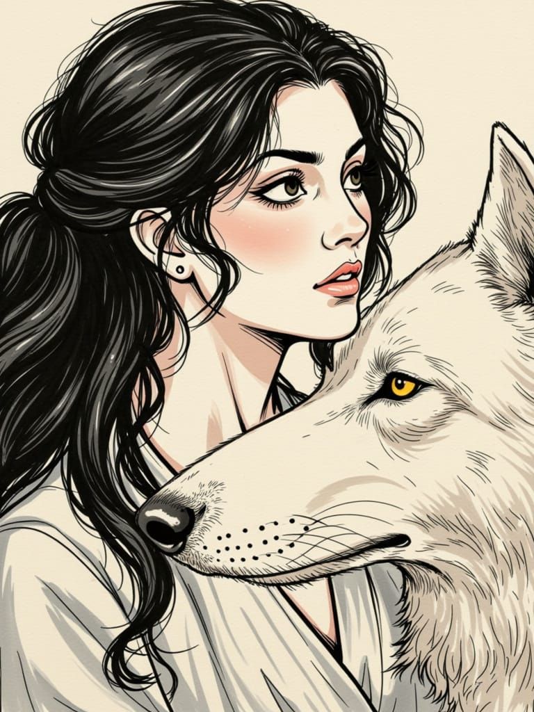 Manga Art: Woman and Wolf in Elfic Priestess Style