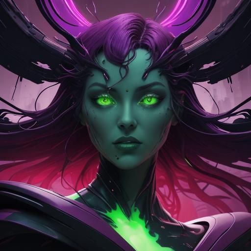 Glowing Alien with Human Baby in Cubist Cityscape