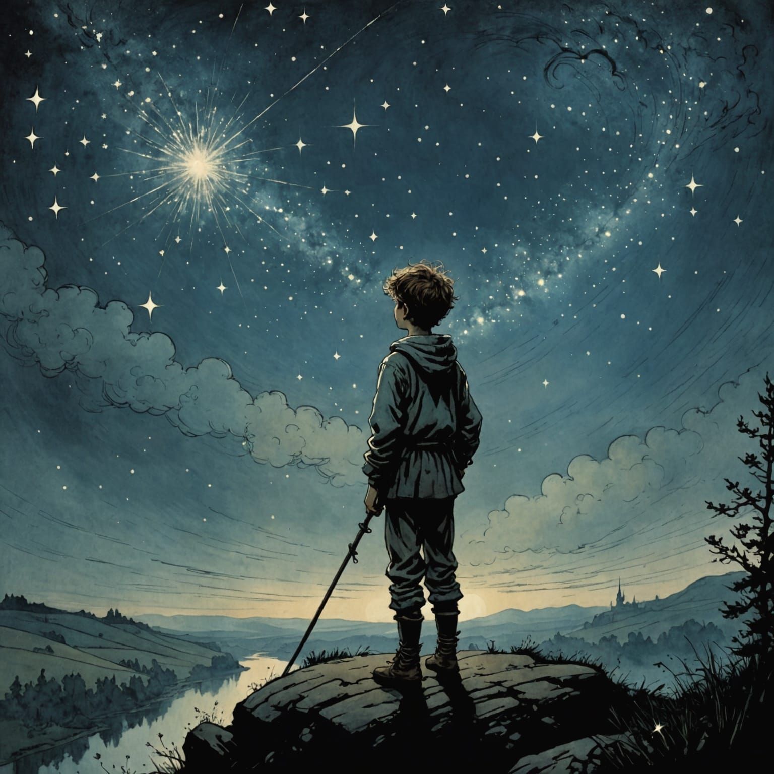 Whimsical Boy Contemplates Celestial Wonders in a Fairytale ...