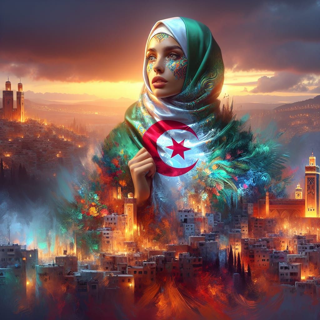 Algerian Woman Double Exposure: Impasto Sunset Township