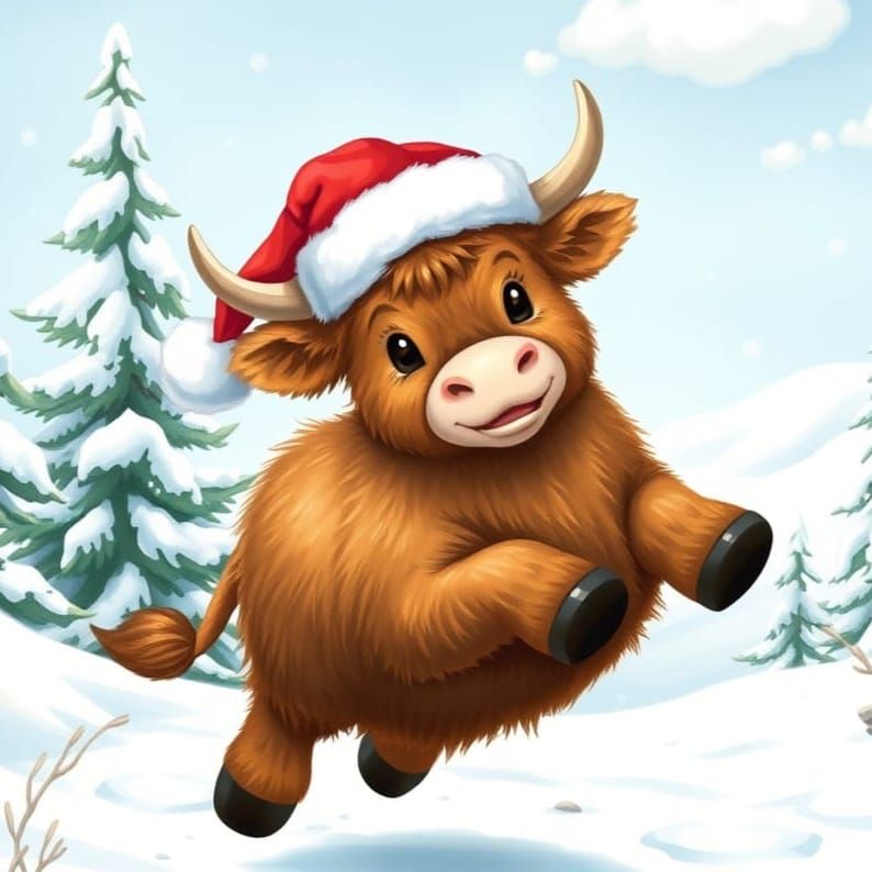 Whimsical Highland Cow Jumps in Winter Wonderland