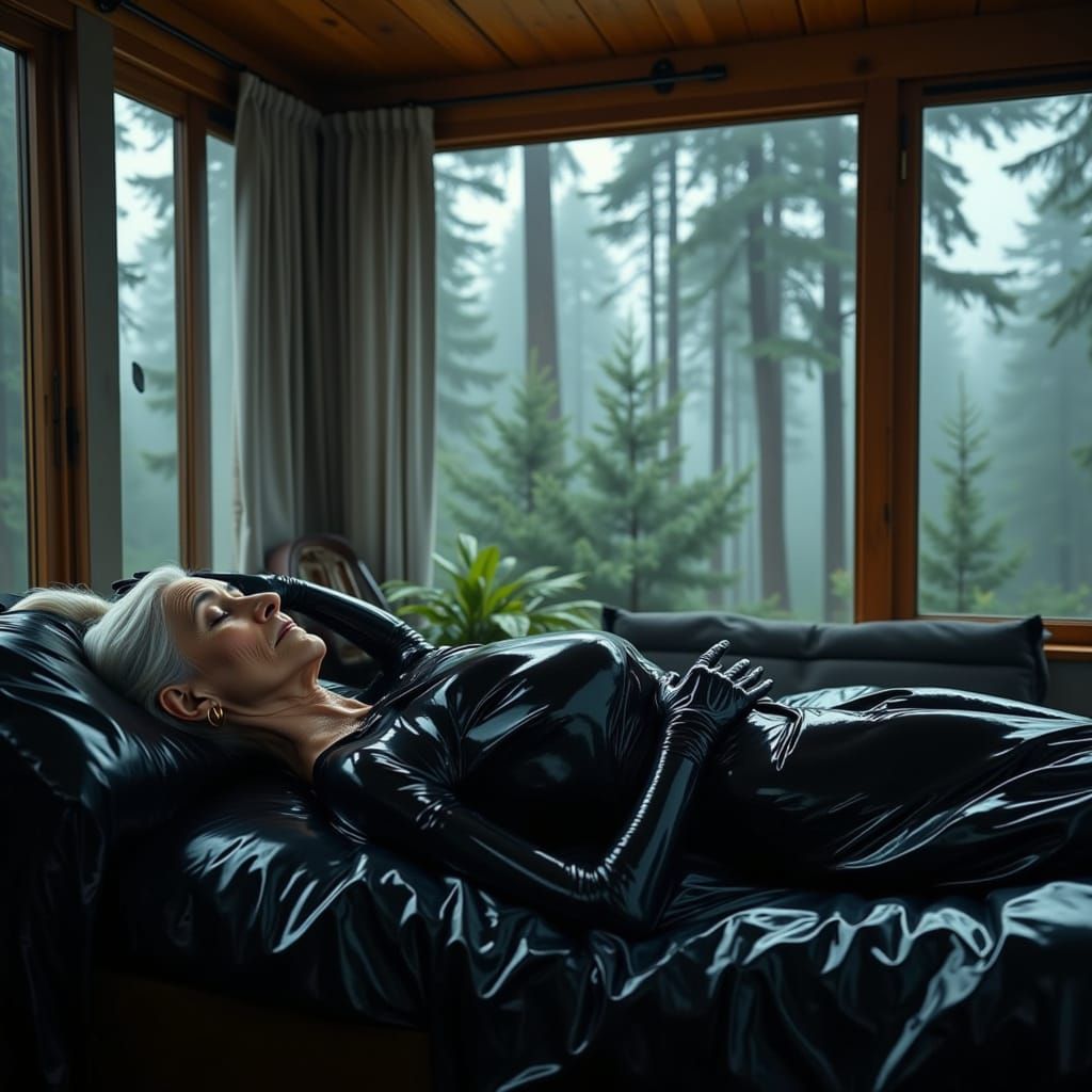 Elderly Woman Sleeping in Glossy Bodysuit