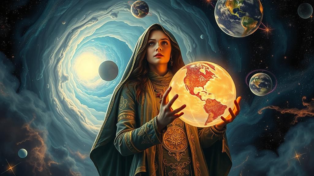 Gypsy Seer Between Colliding Universes in Surreal Style