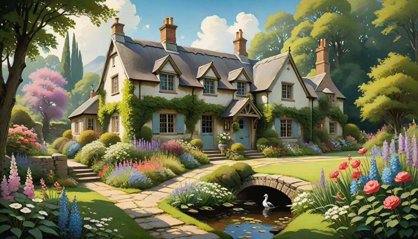 Idyllic Cottage Garden Landscape in Watercolor Style