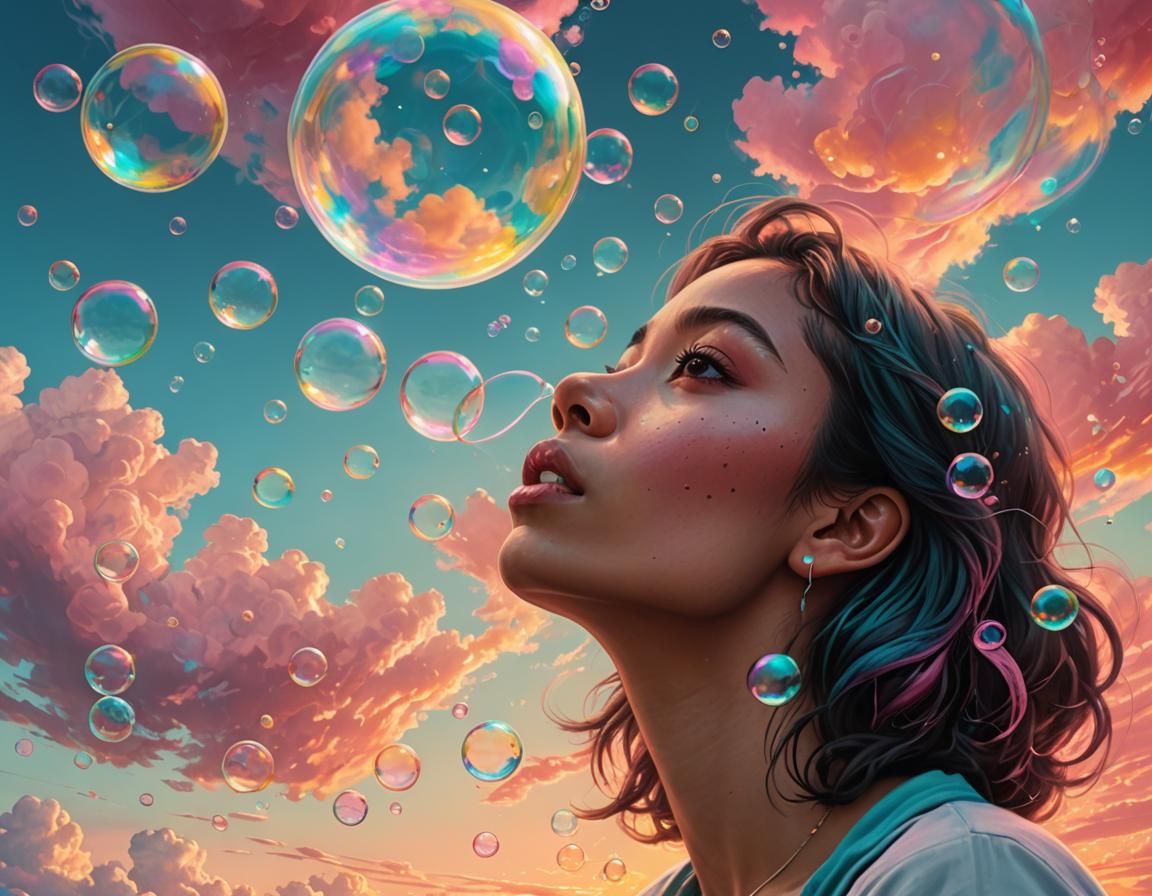 Woman Blowing Bubbles into Sky: Hyperrealistic Concept Art