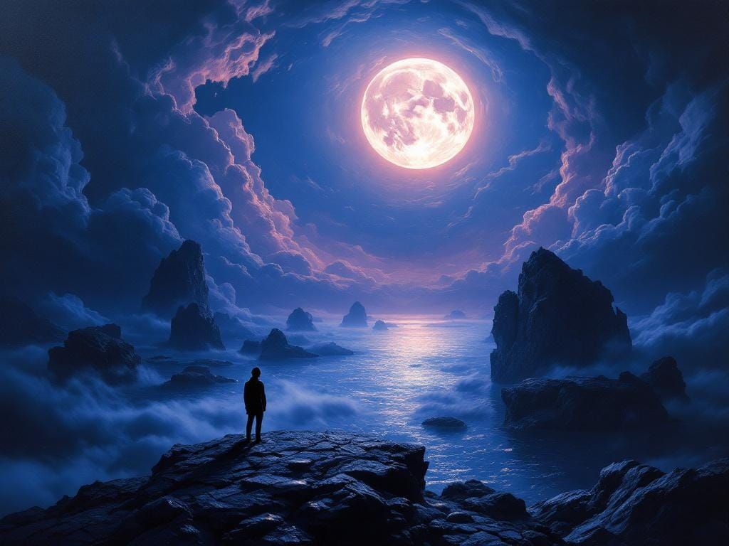 Eerie Moonlit Scene with Floating Islands, Oil Painting