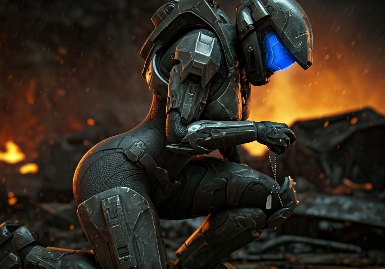 Halo ODST Soldier on Battlefield with Dog Tags