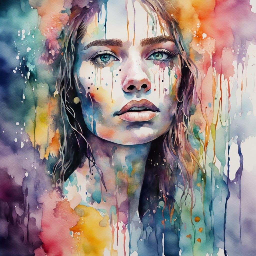 Melting Woman's Face in Vivid Watercolour