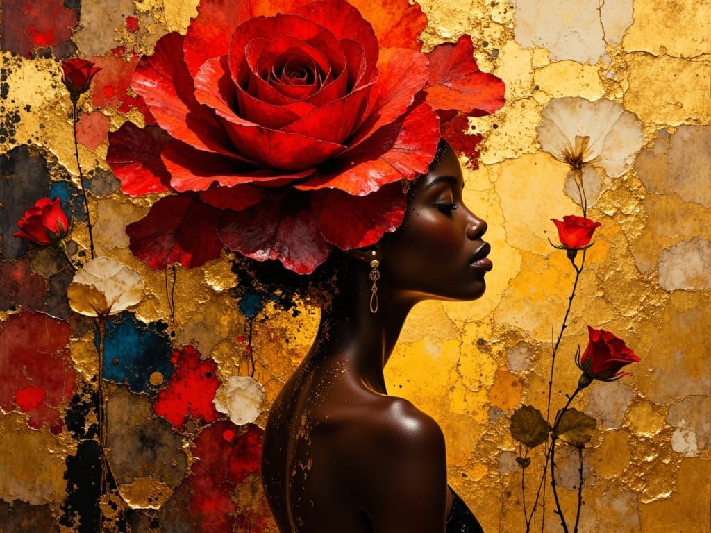 Elegant Woman Dissolving into Vibrant Rose