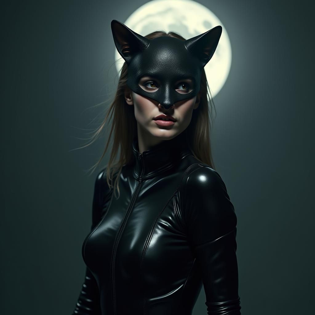 Cat-Faced Woman in Leather Catsuit, Eerie Hybrid
