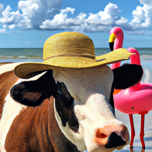 Surreal Hyperrealistic Cow with Flamingo on Beach