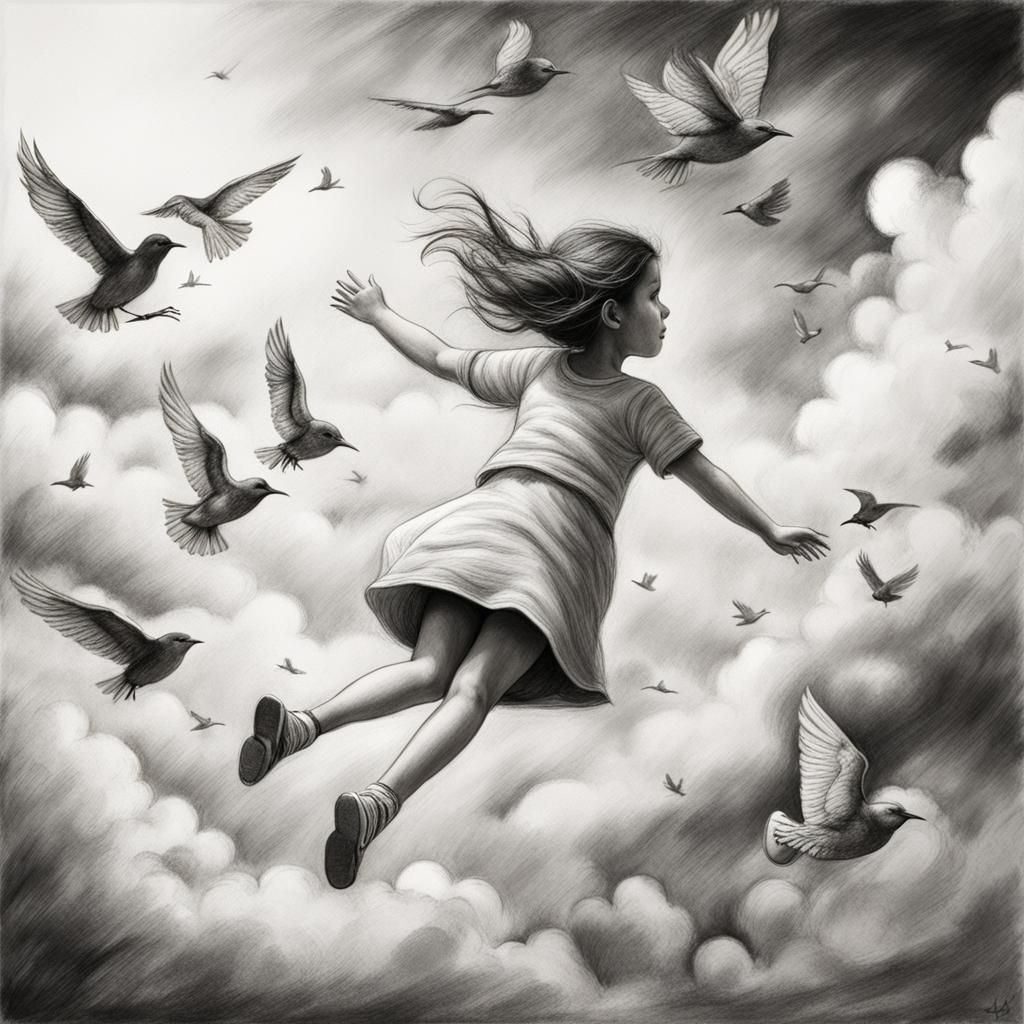 Girl Flying with Birds: Hyperdetailed Charcoal Sketch
