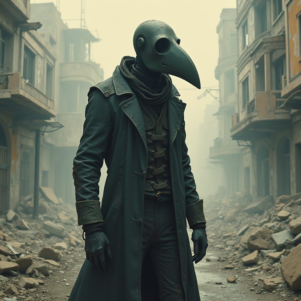 Dystopian Plague Doctor in Bombed City, Digital Art