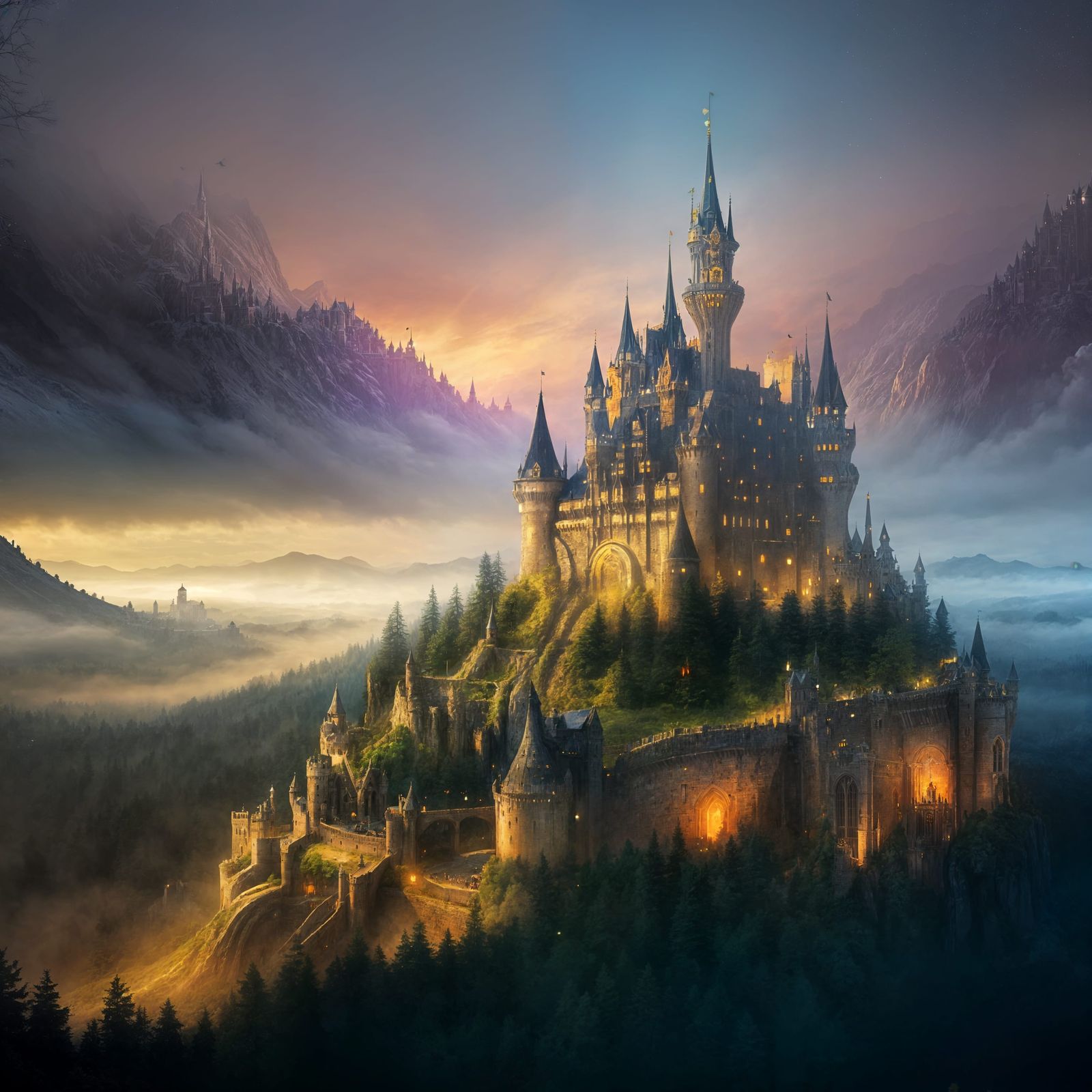 Ethereal Fantasy Castle Towers Reach for the Clouds