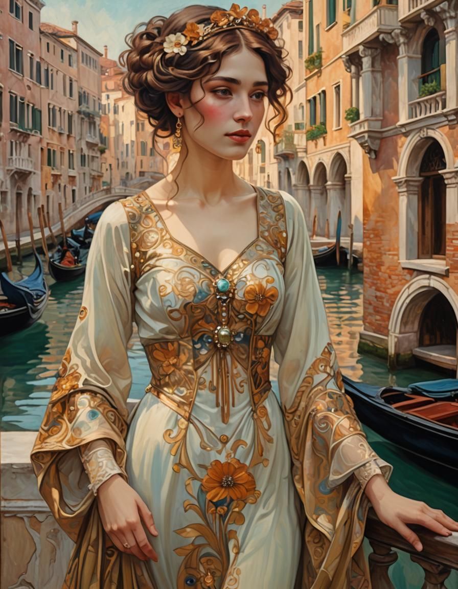 Venetian Beauty: Oil Painting in Art Nouveau Style