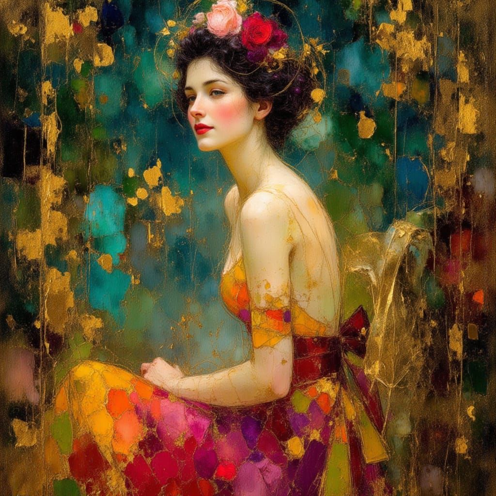 Nature Goddess in Klimt Style with Gold, Teal, and Crimson H...