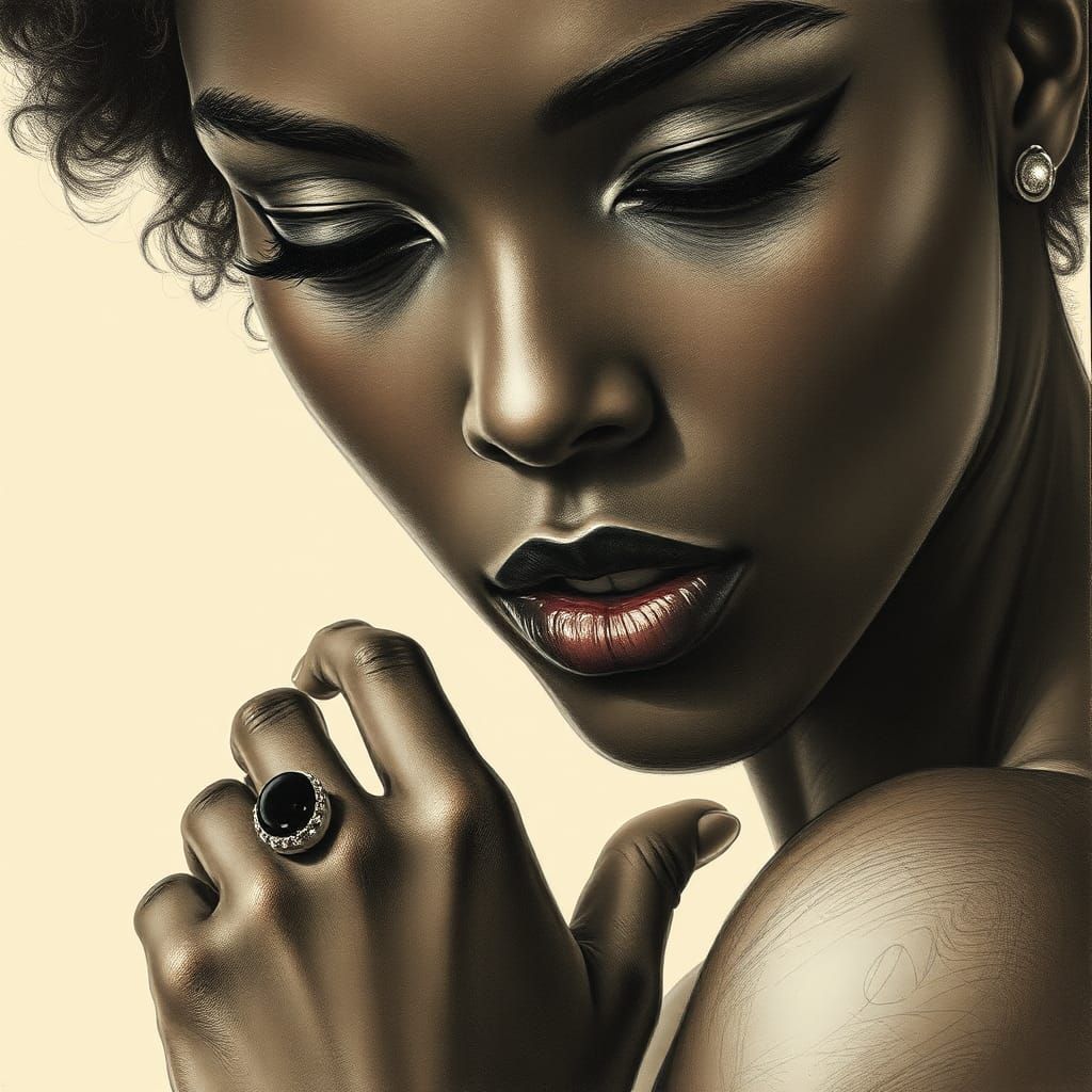 beautiful black woman, wearing an onyx ring, her arm is cursed and withered, soft pencil sketch, charcoal, hyperreal