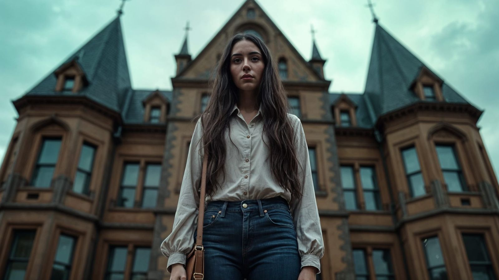Woman Before Victorian Library, Gloomy Atmospheric Photo